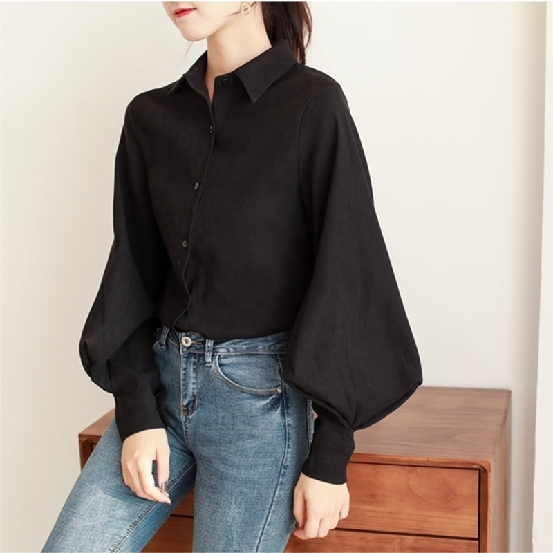 Blouse Women Spring Summer Turn-down Collar Lantern Sleeve Ladies Shirt White Tops Vintage Long Button Black 210522