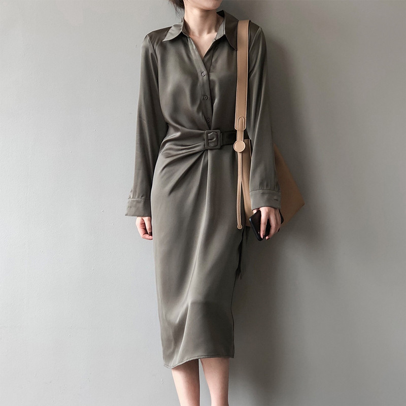 Autumn Spring Fashion Work Wear Lapel Shirt Dress Women Chic Elegant OL Single Breasted Satin Long Dresses Vestidos 210421