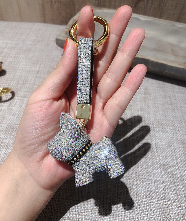 Diamond Inlaid Fashion French Dog Fighting Car Key Chain Male and Female Couple Pendant Korean Lovely Bag