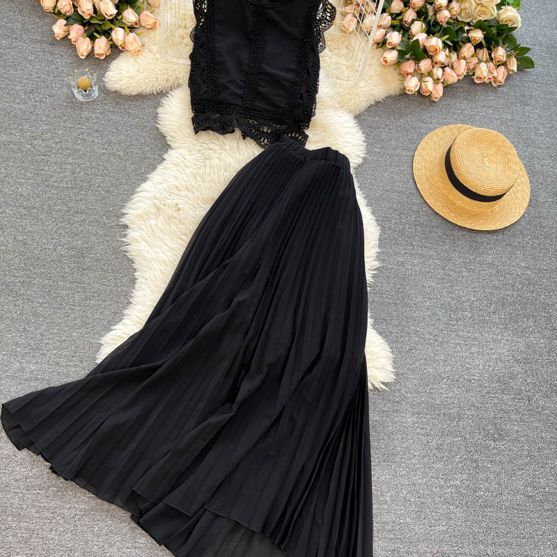 Purple/Yellow/Red Lace Chiffon Two Piece Dress Women Vintage Beach Party Sleeveless Short Tops Pleated Long Skirt Female 2pcs Suit 2022