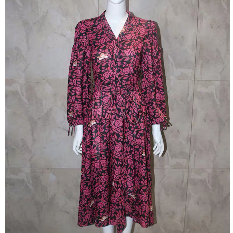 Vintage Print Dress Celebrity V-Neck Lantern Sleeve Bowknot Lace Up High Waist es Female Fashion Spring Autunm 210421