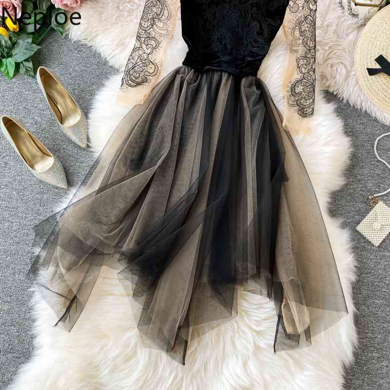Neploe Mesh Velvet Vinatge Women Dress Spring Patchwork Elegant Female Party Dresses Embroidery Lace Ladies Vestidos 95187 210422
