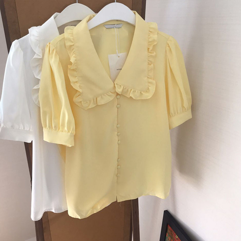 Summer Loose Blouse Women Short Sleeve Solid Peter Pan Collar Sweet Ladies Shirts Chiffon Casual Female Tops Blusa 10196 210508