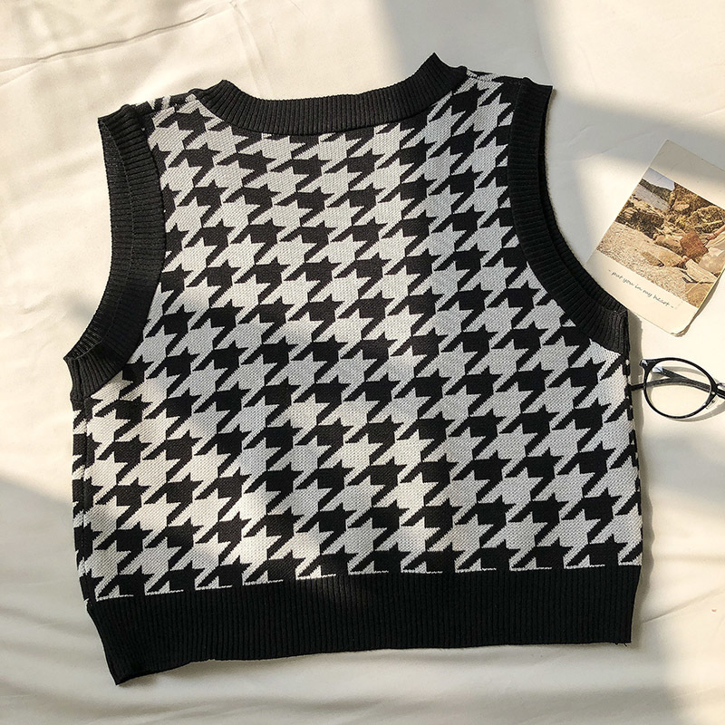 Autumn Houndstooth Knit Vest Women's Loose Korean Outdoor Knitted Waistcoat High Street Sleeveless oversized sweater 210508