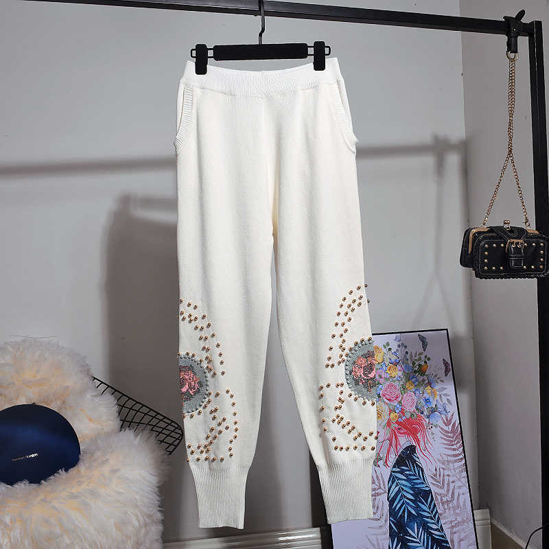 DEAT Autumn Spring Long Sleeve O Neck Knitted Embroidery Sweater Jumper Elastic Pants Tracksuit Women 19J-a3 210709
