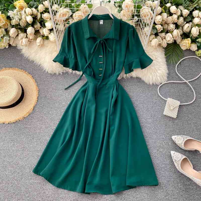 Elegant Office Lady Sweet Ruffle Dress Women Korean Chic Casual Short Sleeve Lace-up Vintage Summer Dresses Robe 210422