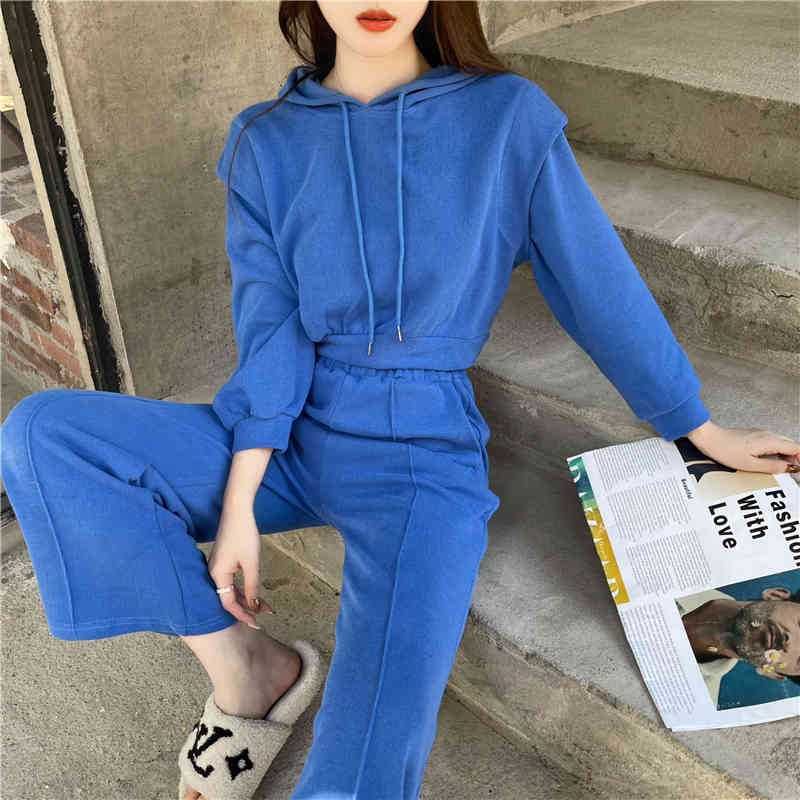 Casual Spring Hoodie Two Piece Set Women Solid Tracksuit Long Sleeve Short Tops And High Waist pants Suit Female 210519