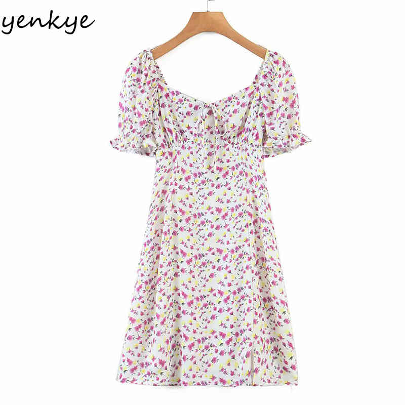 Vintage Prairie Chic Floral Print Dress Women Sexy Square Neck Short Sleeve Holiday Summer Female A-line Mini Robe 210430