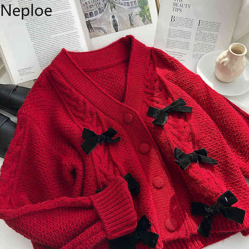 Neploe Spring Sweaters Women Sweet Bow Knitwear Cardigan Female V-neck Single Breasted Knit Short Red Coat Sueter Mujer 4H396 210422