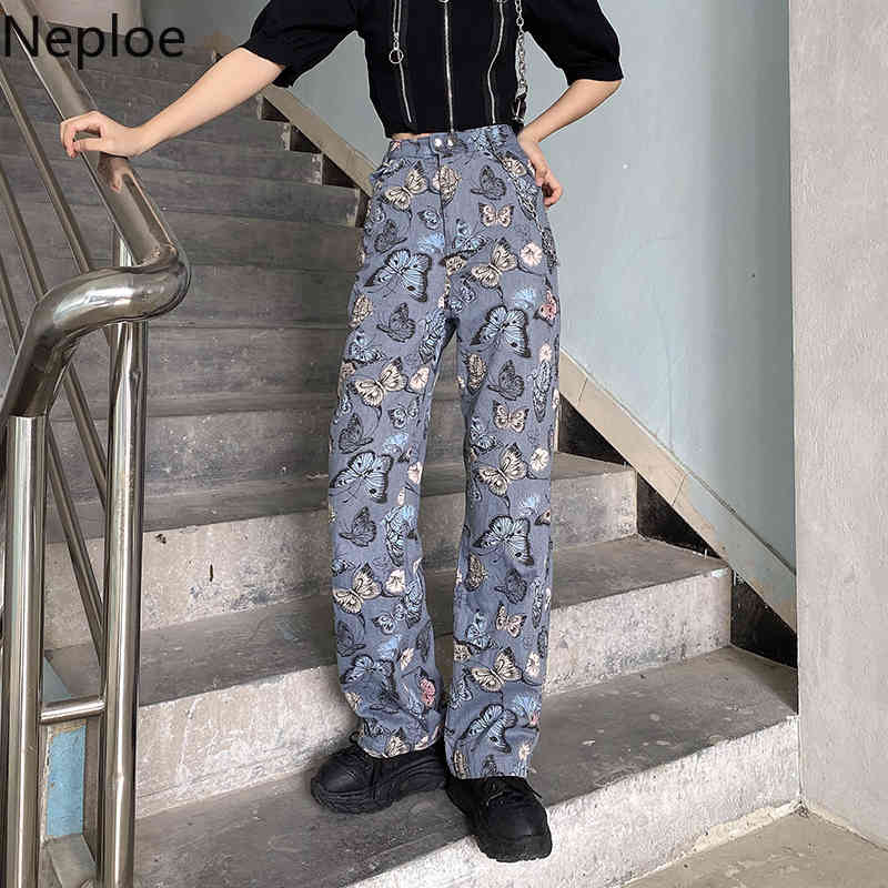 Neploe Jeans for Women Harajuku Butterfly Print Vintage Trousers Loose Straight Wide Leg Pants Streetwear Korean Pantalon 95292 210422