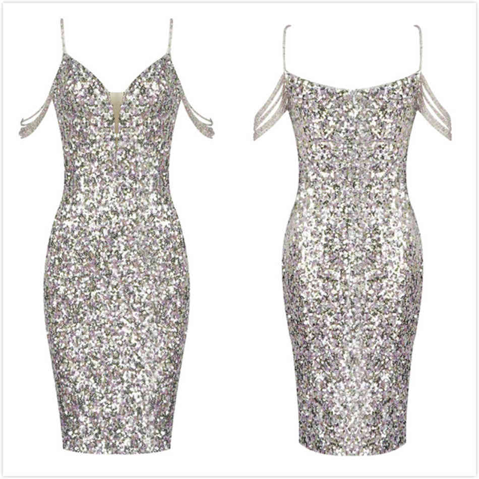 Free High Quality Sequin Dress Sexy Beaded Card Shoulder Strap Bodycon Club Celebrity Evening Party Vestidos 210524