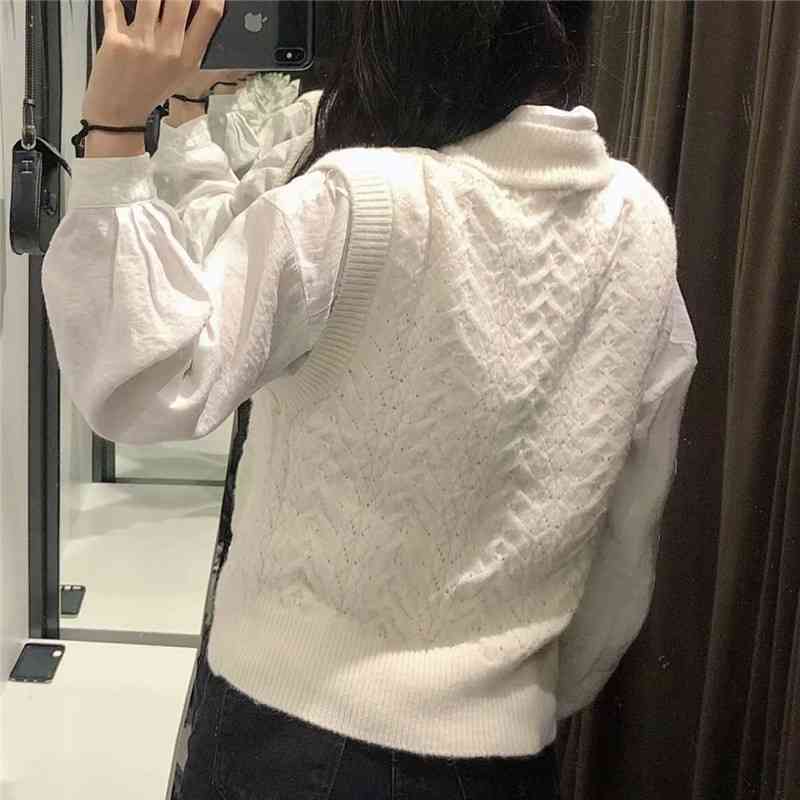 Sweet Women Solid Sweater Vest Fashion Ladies Pearl Knitted Tops Elegant Female Chic White V-Neck Pullovers 210430