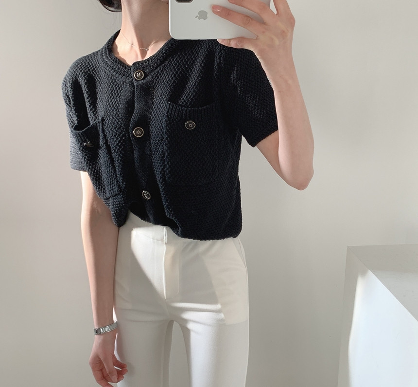Women Fashion O-Neck Short sleeve knitting Casual Sweater Female Hollow Out Single-breasted Chic Cardigan Top 210519