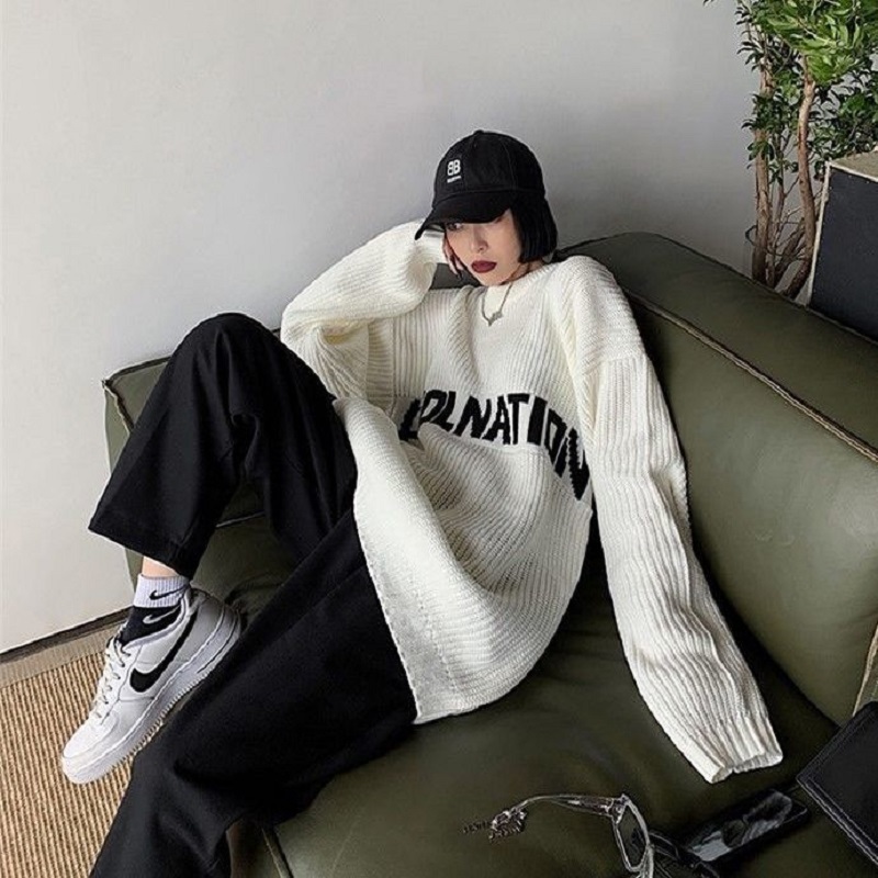 Streetwear Loose Letter embroidery Women Sweaters Korea Oversize Knit Woman Sweater Winter Fashion Female Pullover Clothing 210521