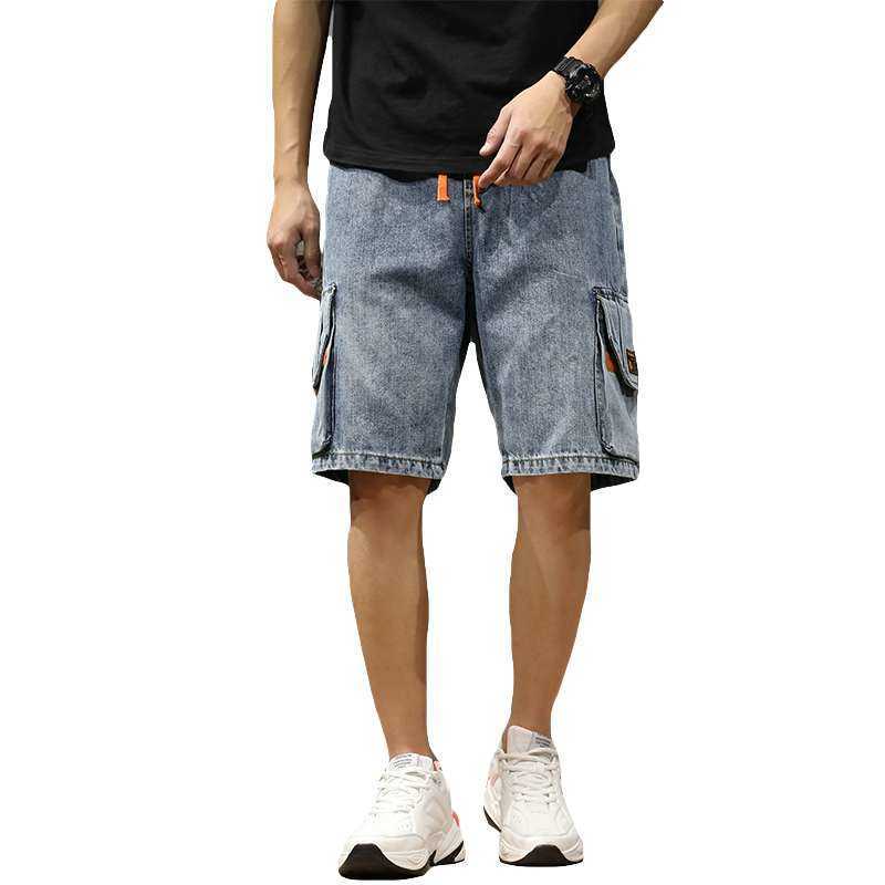 Men Denim Shorts Streetwear Elastic Waist Breeches Bermuda Male Big Pocket Casual Half Jean Summer Fashion Cargo 210629