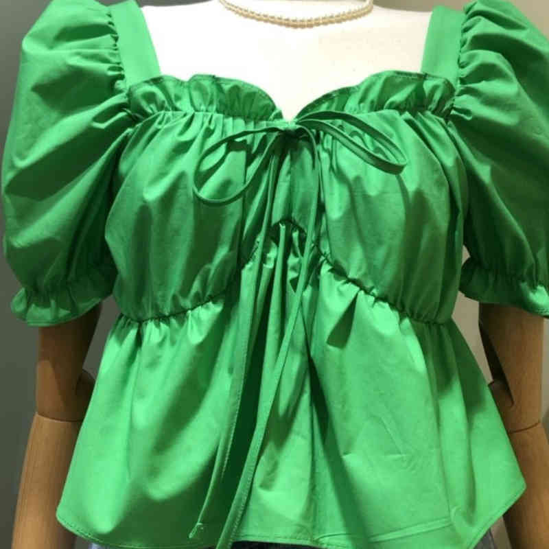 Nomikuma Sweet Short Blouse Shirt Bow Tie Square Collar Puff Sleeve Womens Tops Summer New Sweet Ruffle Blusas Femme 6H182 210427