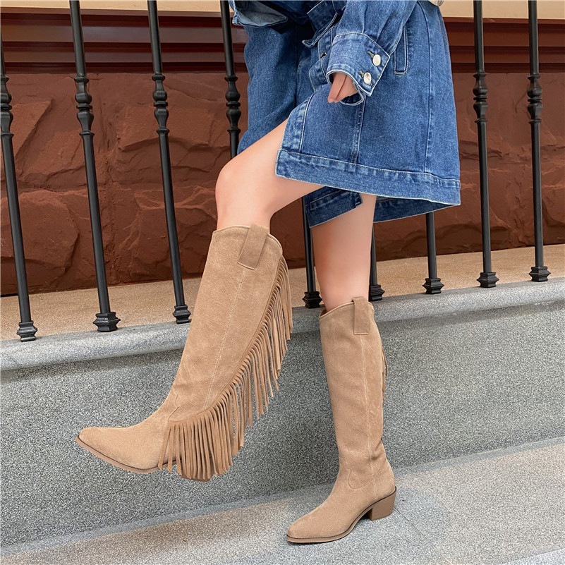 Real Leather Knee High Boots Woman Heel Western Thick Shoes Fringe Pointed Toe Ladies Long Black 210517