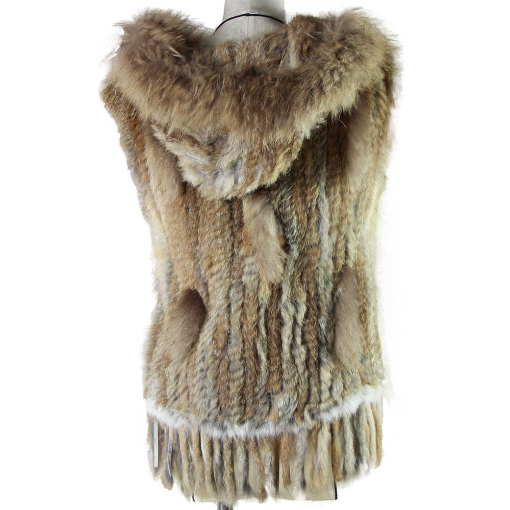 Harppihop fashion rabbit fur vest raccoon trimming knitted with hood waistcoat gilet 211019