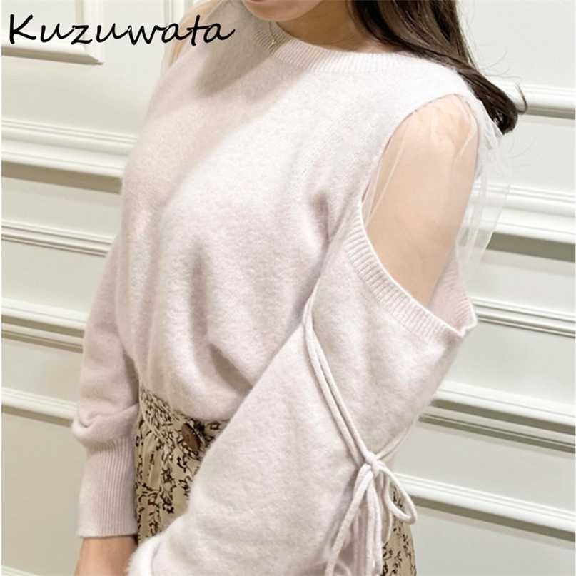 Kuzuwata Sexy Shoulder Strapless Drawstring Voile Patchwork Sweaters Autumn Chic Sweet Knitted Pullovers Japan Style O-neck Tops 211011Z