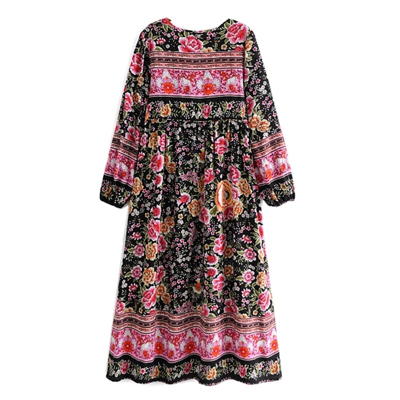 Holiday Bandage Lacing up Collar Contrast color Flower Print Dress BOHO Woman Long Sleeve Maxi Bohemian Dresses Beach 210429
