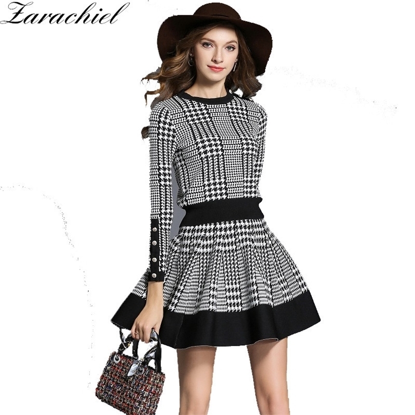 Autumn Winter Plaid Sweater Skirt Suit Women 2 Piece Set Long Sleeve O Neck Button Knitted Crop And A Line 211106