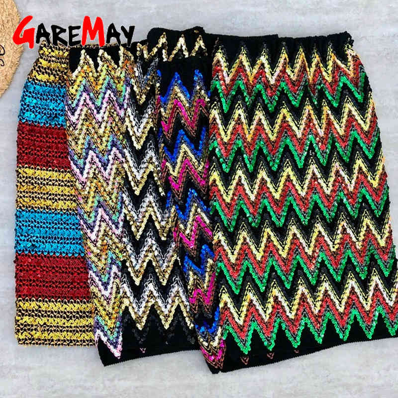 Colorful Sequin Skirts Women Bodycon Pencil Ladies Elastic Stripe Chic Slim Party Female High Waisted Elegant 210428