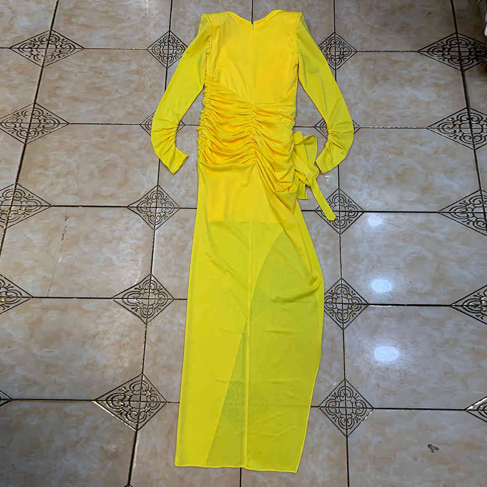 Free Women's Sexy Marx Dress Yellow V-neck Long Sleeve Bodycon Split Pleated Lace-Up Club Party Vestidos 210524