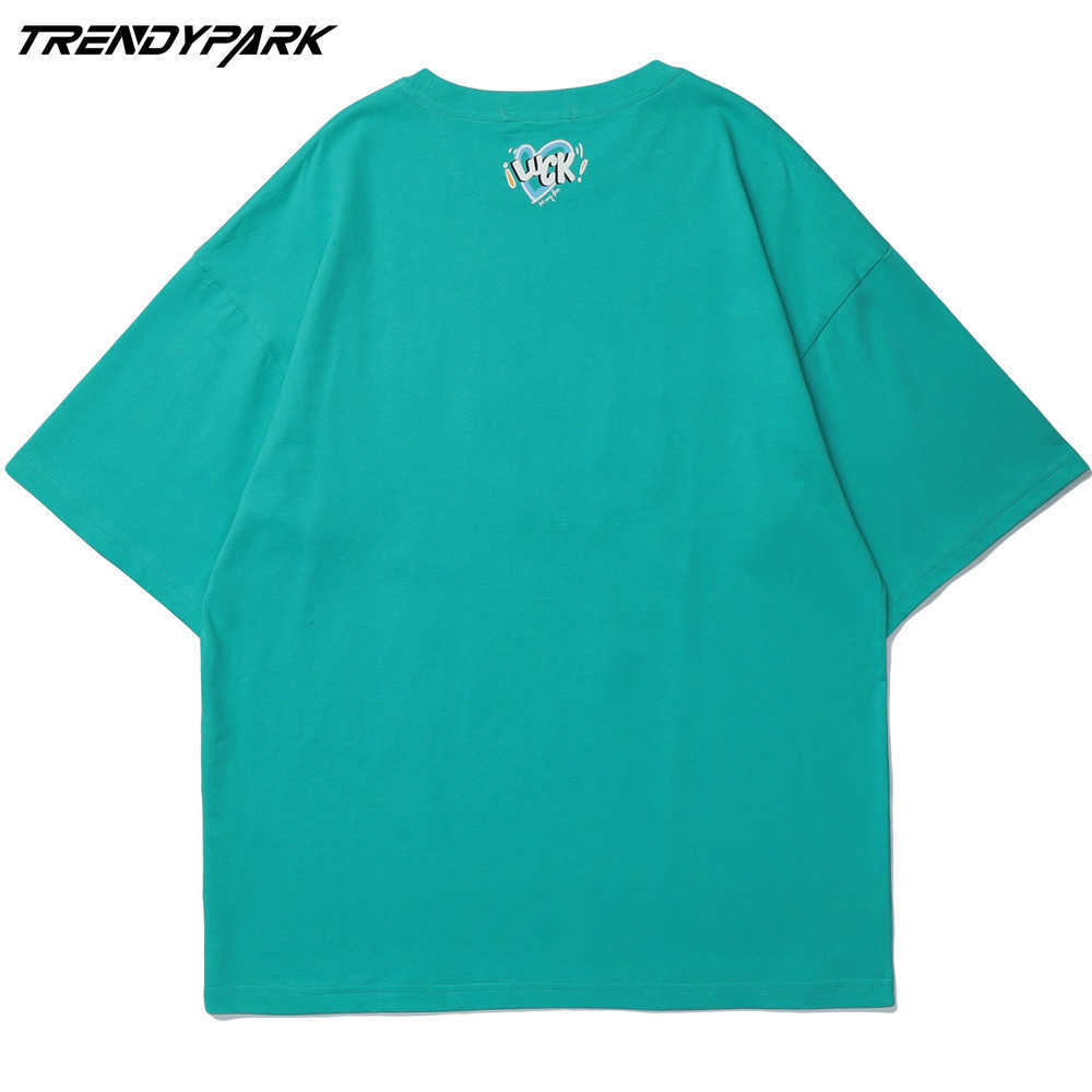 Men's Luck T-shirt Summer Short Sleeve Reflector Embroidery Tee Hip Hop Oversized Cotton Casual Harajuku Streetwear Top Tshirts 210601
