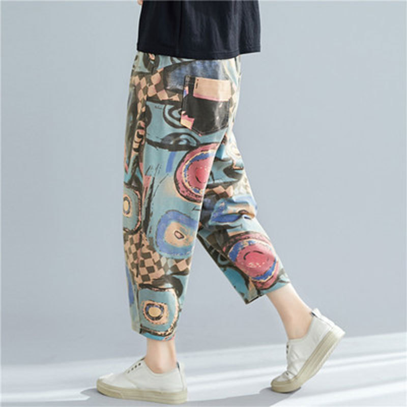 Summer Arts Style Women Elastic Waist Loose Ankle-length Pants Vintage Print Cotton Casual Harem Plus Size M622 210512