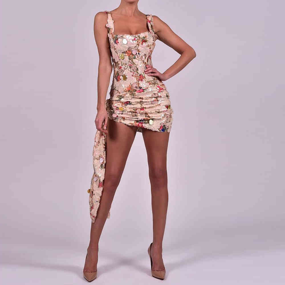 Summer Women Spaghetti Strap Sleeveless Mini Dress Sexy Gold Sequins Celebrity Evening Runway Club Party Dresses 210423