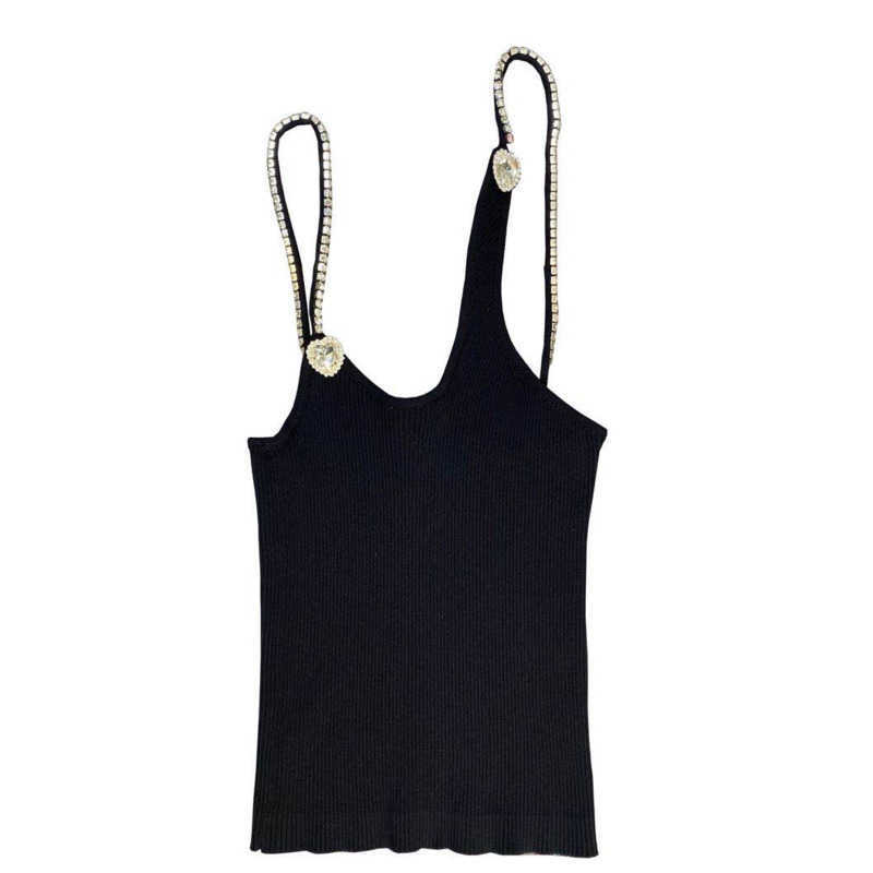 DEAT Women Knitting Diamond-encrusted Chain Sling Camis Arrivals Backless Sexy Fashion Spring Summer 11D529 210709