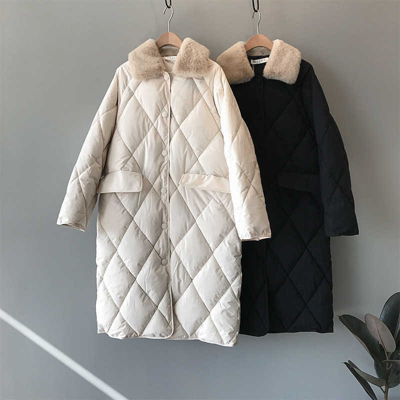 Winter Women Fur Collar Oversize Rhombus Pattern Long Parkas Pocket Female Warm Cotton Overcoat Single Breasted Outwears 211013