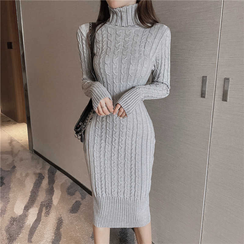 WOMENGAGA Autumn Winter Korean Turtleneck Knitted Long Sleeves Knitting Tops Striped Fold Dress Dresses Robe B2IA 210603