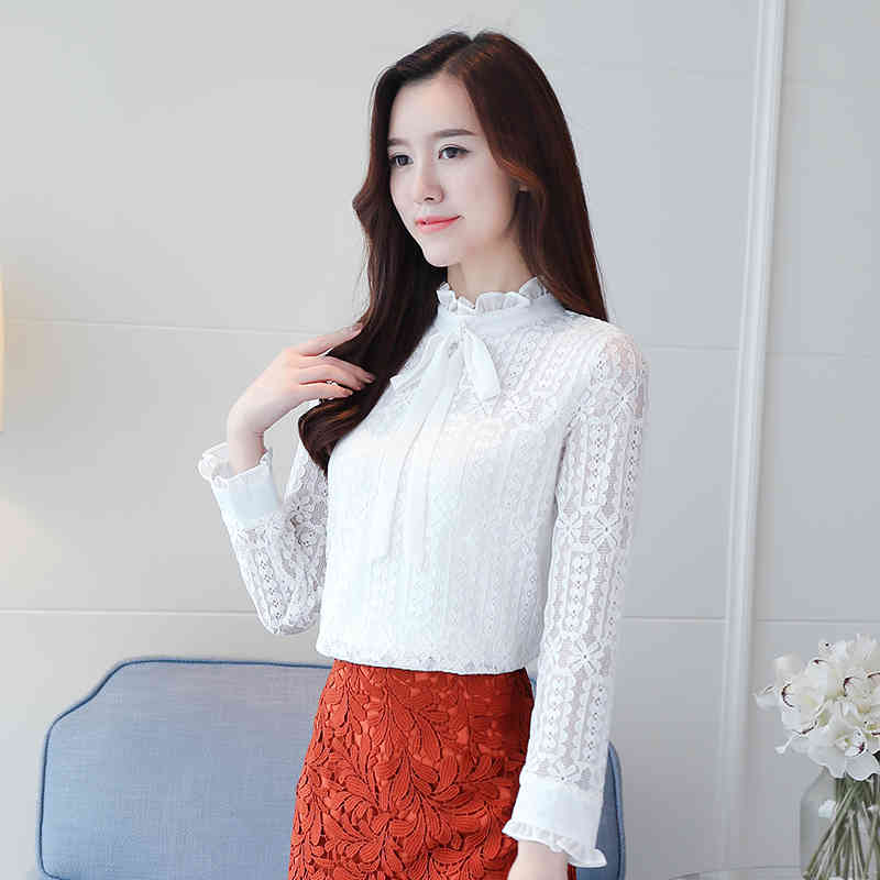 long sleeves women clothing solid lace blouse blusas casual plus size bow stand neck shirts clothes C871 30 210506