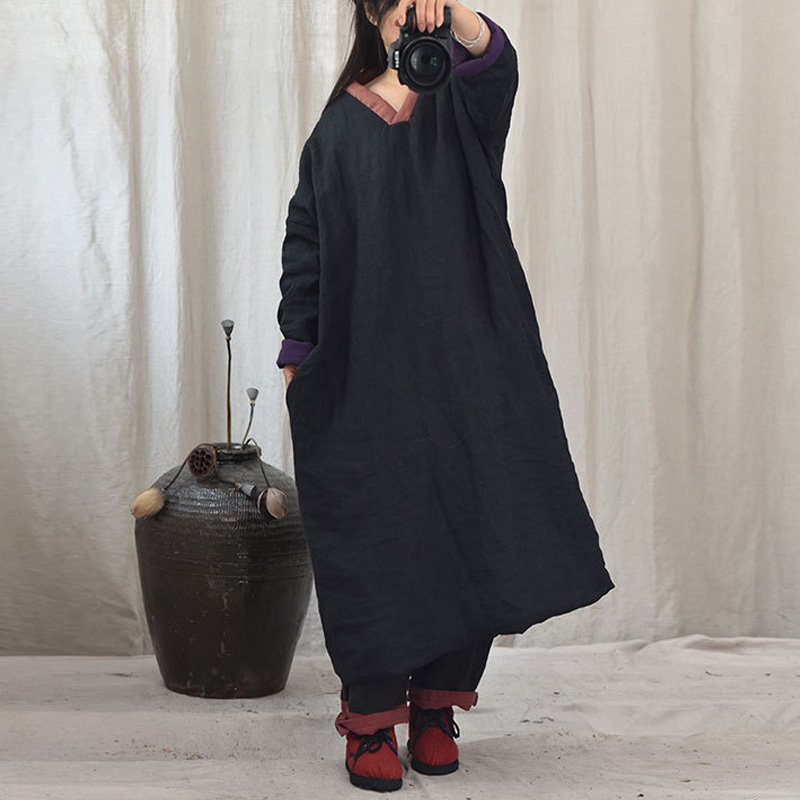 Johnature Women Vintage Pullover Dresses V-Neck Long Sleeve Warm Robes Ramie Autumn Loose Female Chinese Style Dresses 210521, Black
Johnature Women Vintage Pullover Dresses V-Neck Long Sleeve Warm Robes Ramie Autumn Loose Female Chinese Style Dresses 210521, Black