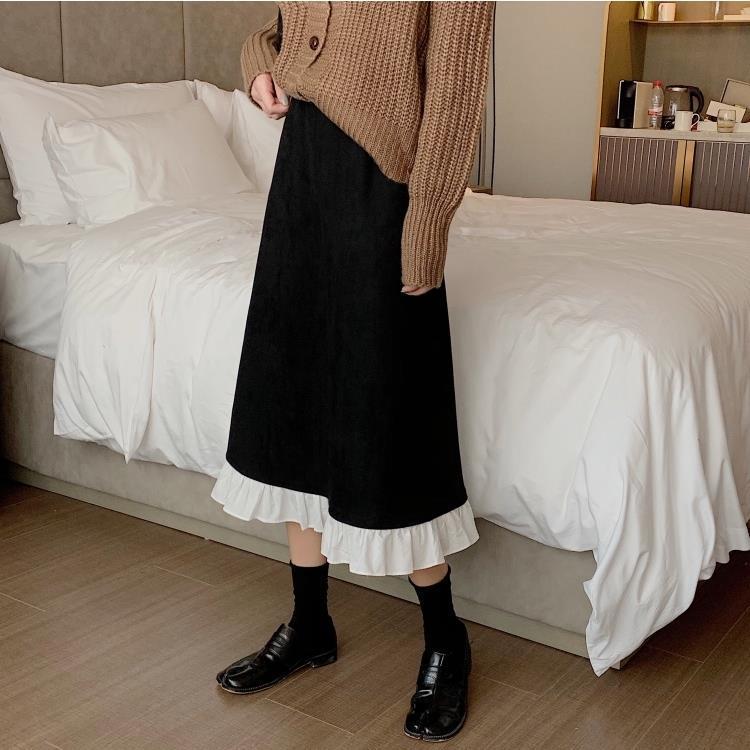 Nomikuma Korean Ruffle Hit Color Patchwork Women Skirt Causal Stretch High Waist A-line Skirts Autumn Faldas Mujer 6D183 210427