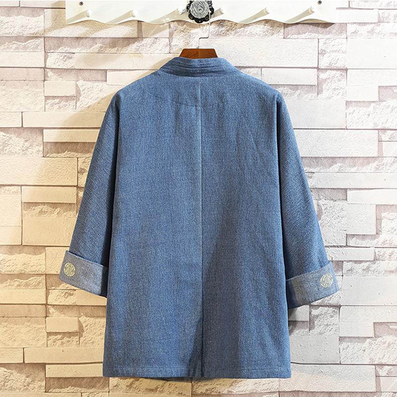 Chinese Style Tang Suit Denim Jacket Ancient Men Clothing Improved Han Japanese Kimono Cardigan Feather Weaving Robe Spring Men's Jackets
