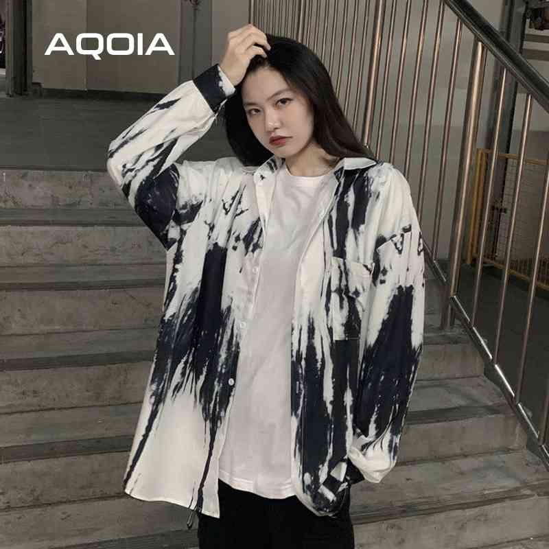 Hip Hop Button Women Blouse Tunic Shirt Tie dye Long Sleeve Oversize Ladies Shirts Summer Turn Down Collar Plus Size Tops 210521