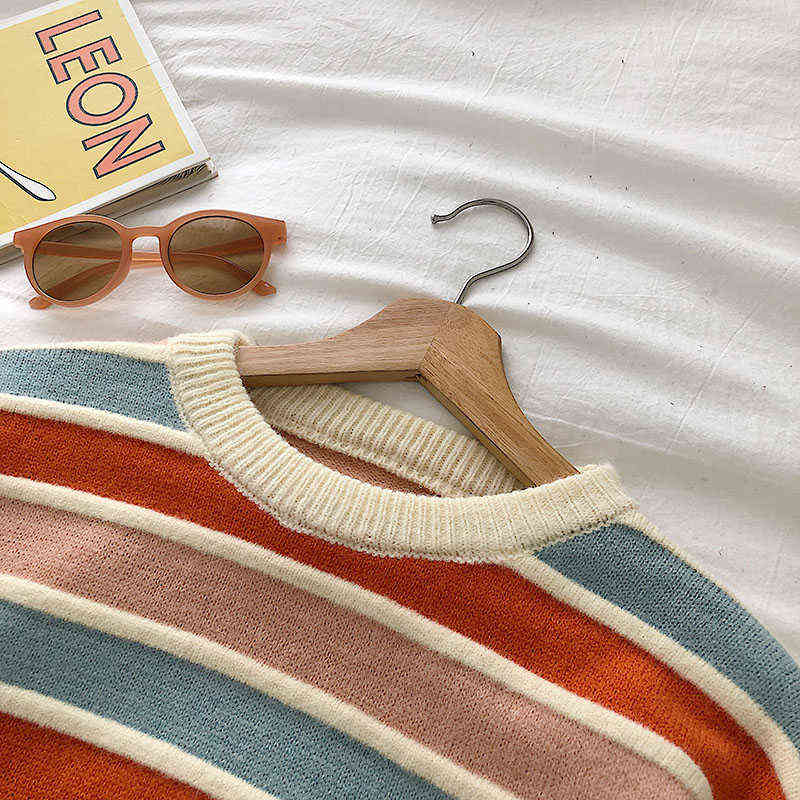 Women Stripe Sweater Autumn Winter Loose Long Sleeve Pullover Tops Korean Ladies Knitted Patchwork Korean Sweaters 211109