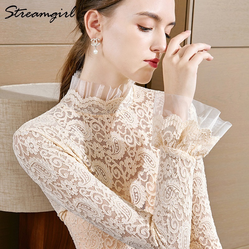 Lace Transparent Blouse Embroided Women Tops Plus Size Elegant White Blouses Lace Ruffles Collar Blouse Long Sleeve Shirt 210421