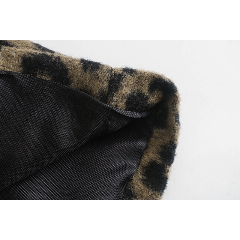 Winter Coffee Animal Leopard Pattern Elegant Woolen Blends Coat Notched Collar Long Sleeve Mid OL Blazer Outerwear 210429