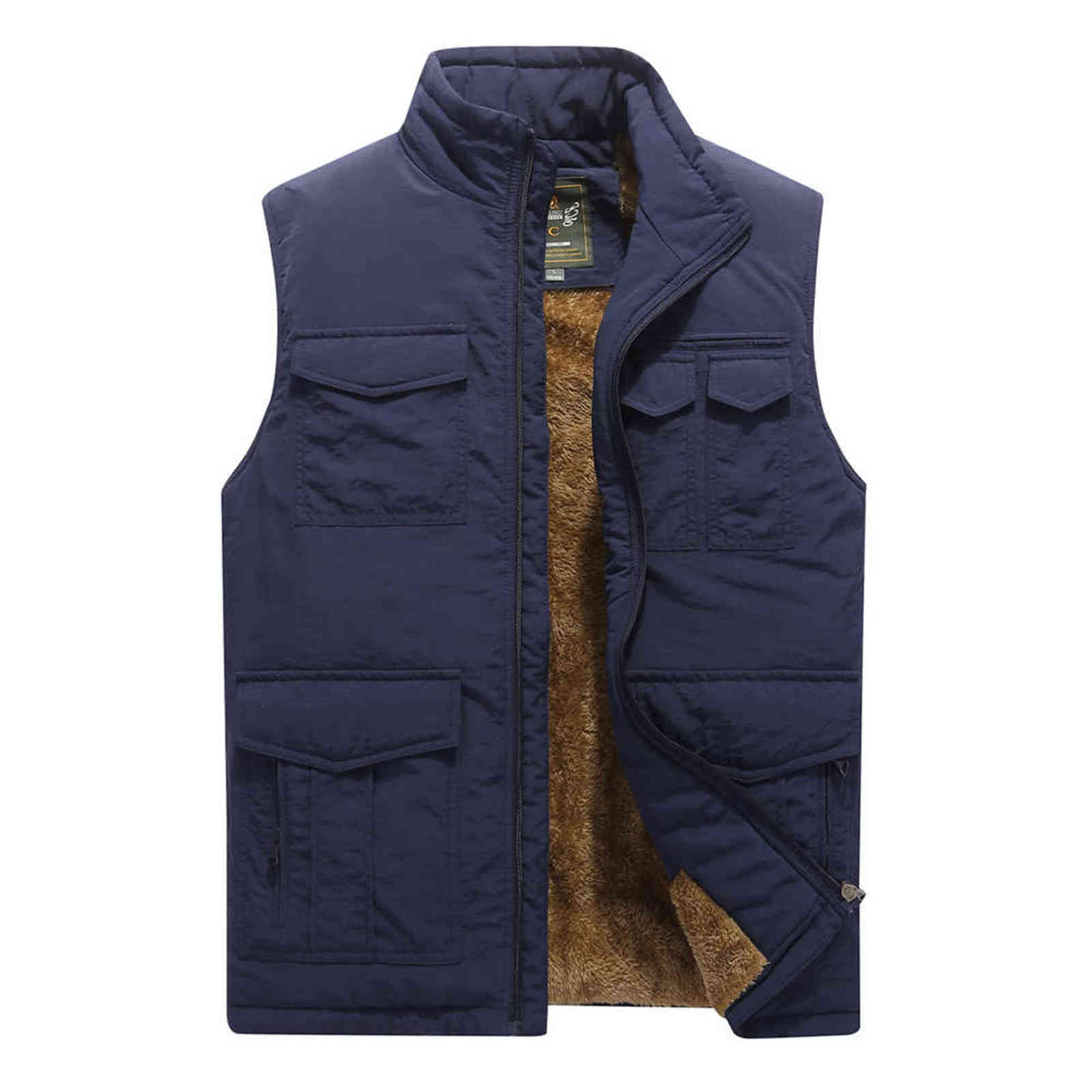 Thicken Fleece Waterproof Winter Vest Mens Multi Pockets Spring Autumn Waistcoat Pographer Mandarin Collar Sleeveless Jacket 211105