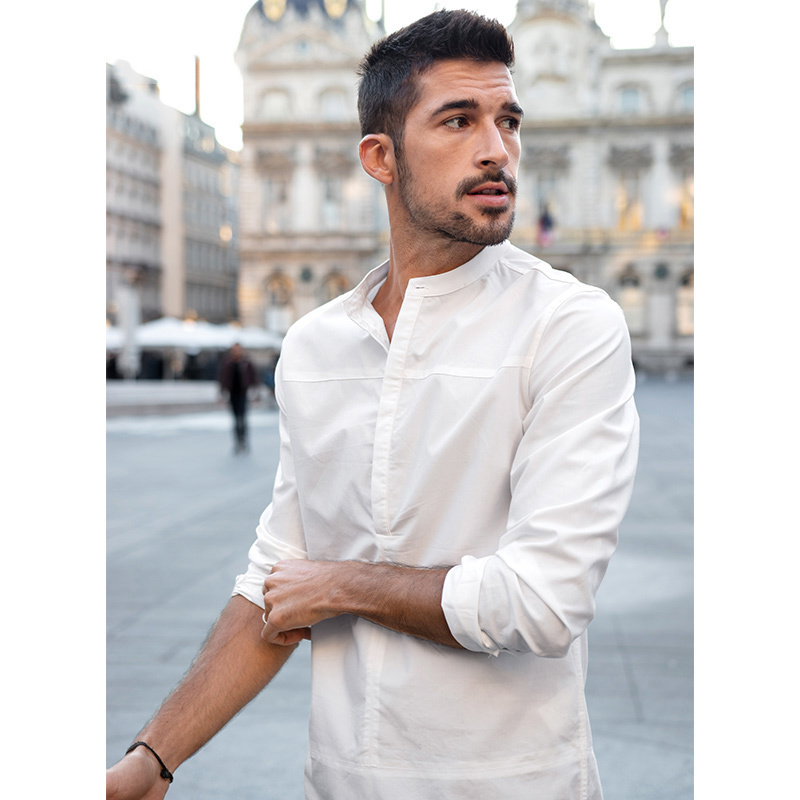 KUEGOU Blended Cotton Solid Color Spring Summer Man Shirt Long Sleeve Half Cardigan Fashion Shirts Men Top Plus Size Bc-201 210331