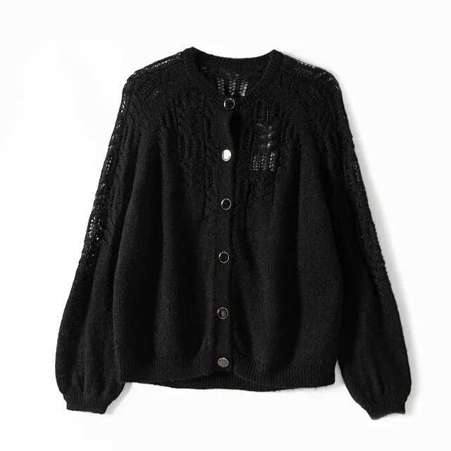 Spring Women Hollow Out Knitted Cardigan O Neck Solid Color Single Breasted Knitted Sweater Knitwear 210918