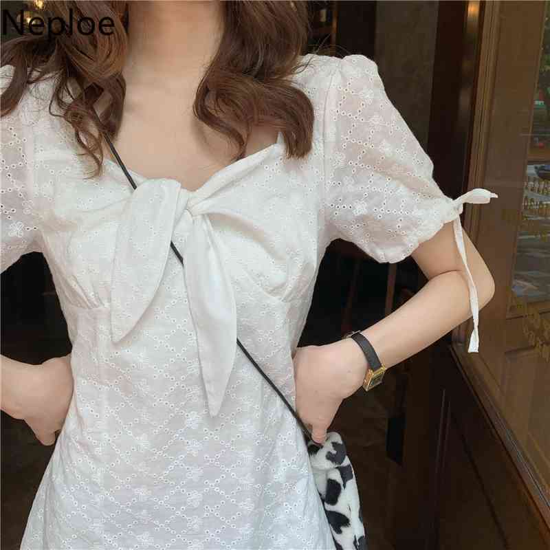 Neploe White Dresses for Women New Vintage Vestidos Female Korean Chic Robe Square Lace Up Bow Short Elegant Dress 95458 210422
