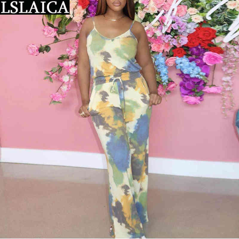 Two Piece Set Women Pants Tie Dye Casual High Waist Drawstring Plus Size Summer Woman Outfit Streetwear Elegant Home Knit Suit 210520