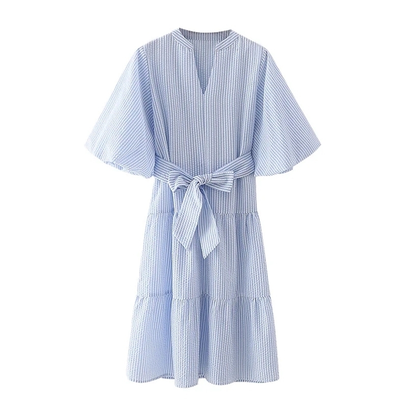 Summer women dress Fashion V-Neck A-Line Blue Striped with Belt mid sleeve Casual Women Mid-calf Dress Elegant female 210524
Summer women dress Fashion V-Neck A-Line Blue Striped with Belt mid sleeve Casual Women Mid-calf Dress Elegant female 210524