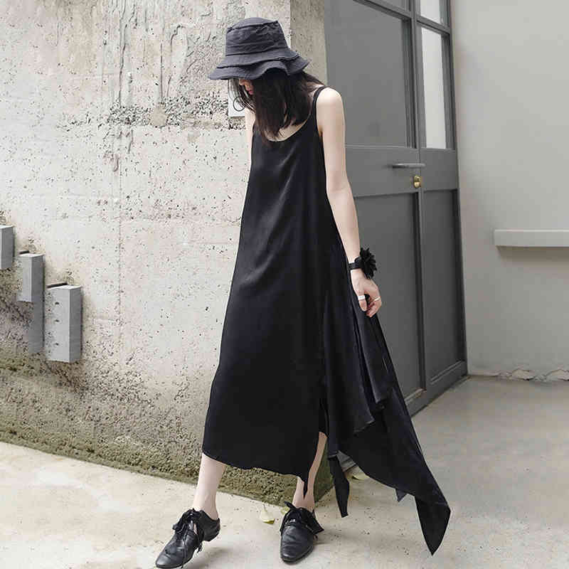 Black Asymmetry Dress Women's Summer Round Neck Spaghetti Strap Mid-calf Irregular Dresses Female Tide 5E149 210427
