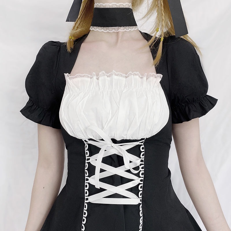 QWEEK Women's Maid Dress Kawaii Lolita Outfit French Maid Costumes Cosplay Bandage Dress Sexy Waitress Dress Puff Sleeve Uniform 210331