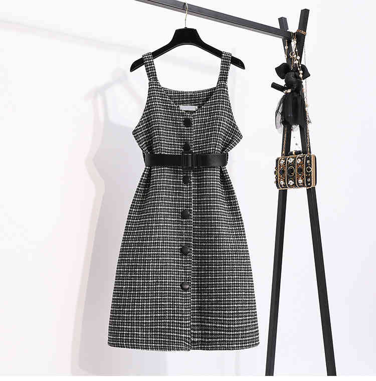 Autumn Winter Woman Elegant Sleeveless Tweed Plaid Strap Casual Slim Dress Female Vestidos 210518